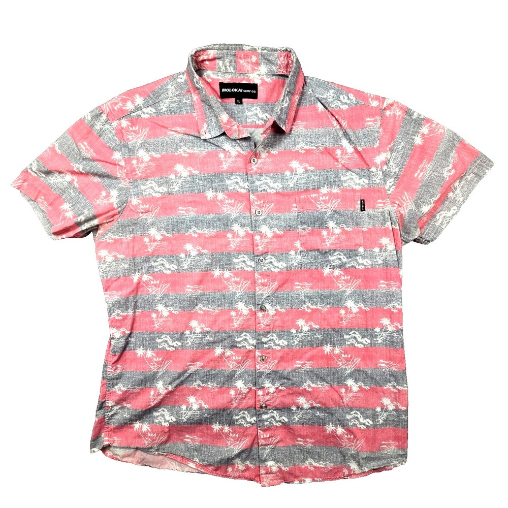 Molokai Surf Co Shirt Mens XL Pink Gray Tropical Palm Tree Striped Button Up